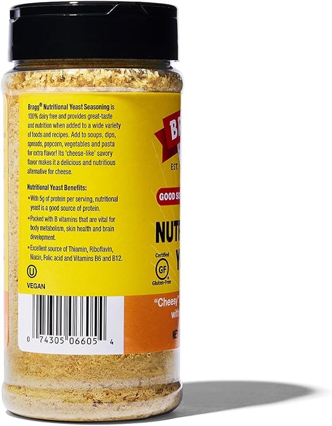 Bragg Nutritional Yeast Seasoning – Vegan, Gluten Free Cheese Flakes – Good Source of Protein & Vitamins – Nutritious Savory Parmesan Cheese Substitute – Non GMO Verified, 4.5 Ounce, 4-Pack