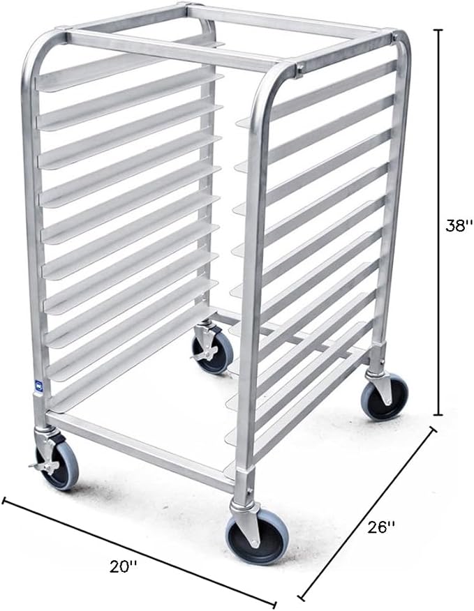New Star Foodservice 36510 Commercial-Grade Aluminum 10-Tier Sheet Pan/Bun Pan Rack, 26" L x 20" W x 38" H with Brake Wheels Silver