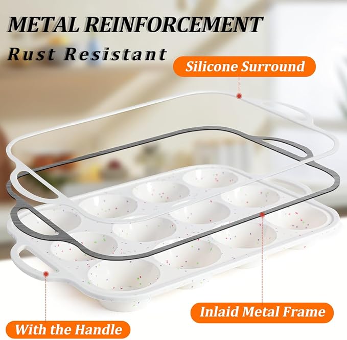 CAKETIME Silicone Muffin Pan, with Metal Reinforced Frame 2.8 Inch Regular Size Silicone Cupcake Pan Nonstick 12 Cups for Baking Homemade Muffins, Cupcakes, Egg Bites 2 Pack Dishwasher Safe BPA Free
