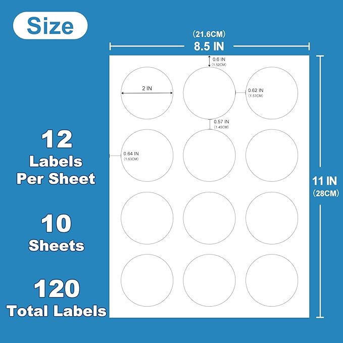 2" Round Sticker Labels - White Printable Sheets, Circle Stickers - 10 Sheets | 120 Labels (HB-C012)
