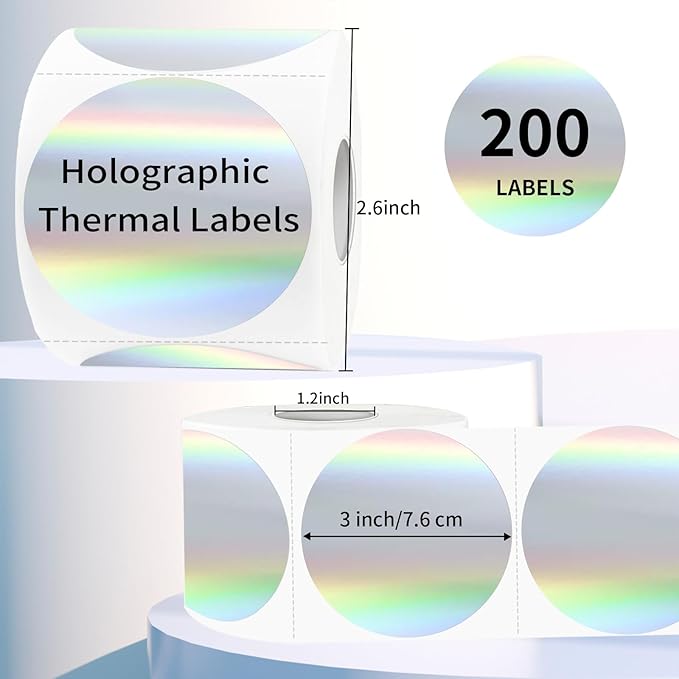 3" Holographic Direct Thermal Label Stickers, Round Printable Rainbow Glitter Thermal Printer Sticker Labels for Gift Wrapping, Self-Adhesive DIY Custom Logo Design- Holographic Silver