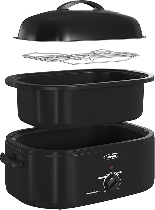 Sunvivi 18-Quart Roaster Oven with Self-Basting Lid, Electric Turkey Roaster Oven with Removable Pan and Rack, Stainless Steel, Black