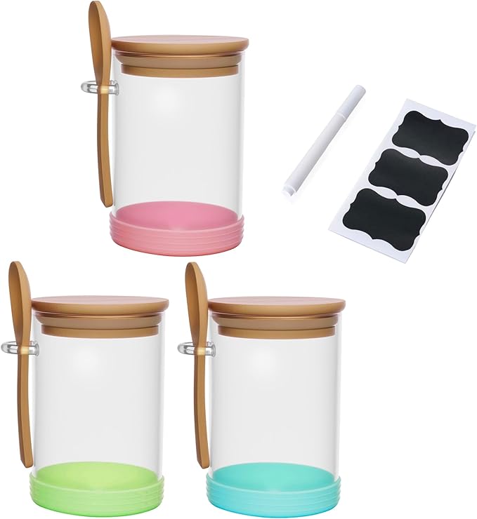 3pcs 18.5 oz Glass Canisters Glass Jars with Spoons and Bamboo Lids Borosilicate Glass Overnight Oats Jar - Airtight Overnight Oats Container with Lid for Spices, Coffee Bean, Sugar, Food Storage