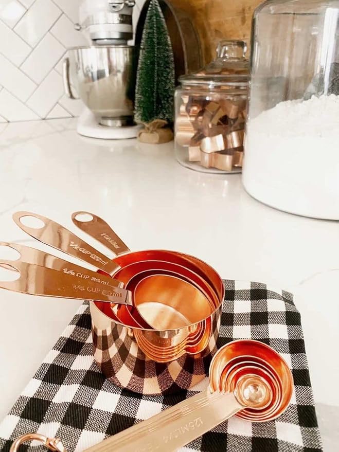 Copper Measuring Cups and Spoons Stainless Steel 9 pieces with 2 Rings