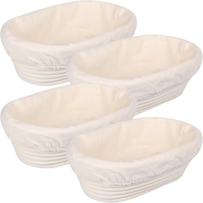 4 PCS Rattan Bread Proofing Baskets, Oval Shaped with Cloth Covers, Ideal for Sourdough, Home and Restaurant Baking, 9.8 x 5.9 x 3.1 Inches, Quality and Easy to Clean
