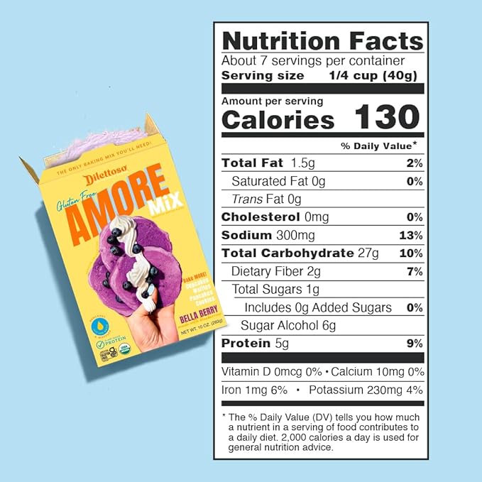 Dilettoso's Organic Gluten-Free Oat Flour Baking Mix | Wild Blueberry | Pancakes, Waffles, Cupcakes, Brownies, and Cookies | 10oz AMORE Mix (1 Box)