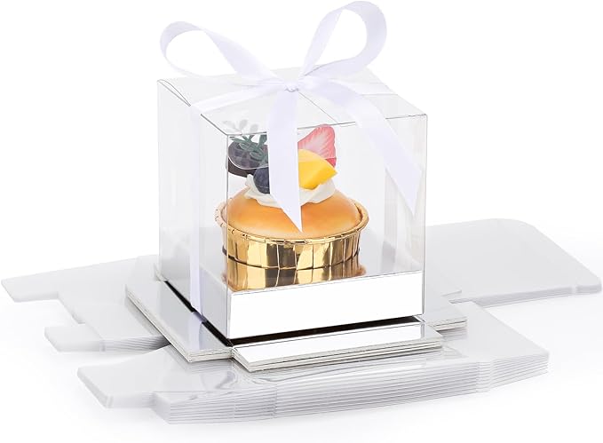 EUSOAR Clear Cupcake Wrappers, 12pcs 3.5 Inch Plastic Individual Tall Cupcake Box, Single Transparent Cupcake Holder Carrier with Ribbon and Inserts for Wedding Party Favor- Silver