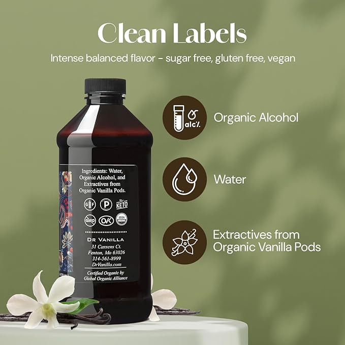 Organic Natural Vanilla For Baking, Sweet Drinks And More, Small Batch, Hand Crafted From Premium Madagascar Bourbon Vanilla Pods, Additive Free, 16 Oz Bottle