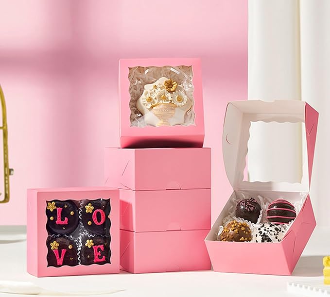 80 Pack 4x4x2 Pink Bakery Treat Boxes with Clear Window and Manual Closure