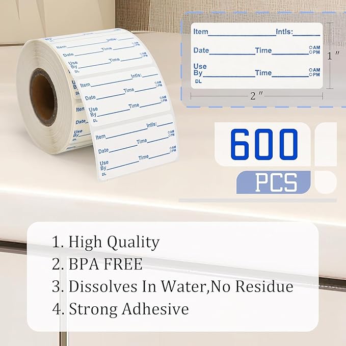 L LIKED 2x1 Dissolvable Labels, 600 Stickers, Use by Food Rotation Labels for Storage and Container (600, Blue)