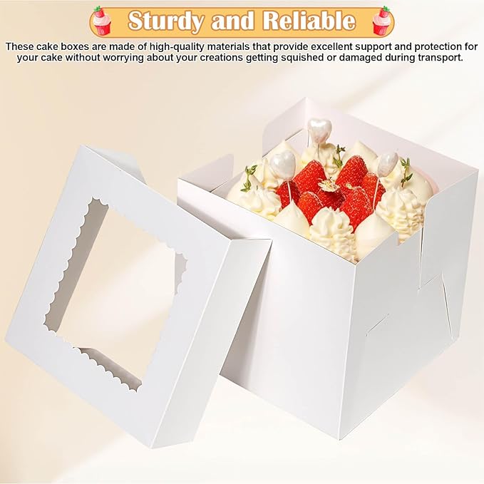 Audab 12 Pack Cake Boxes 8 Inches, Disposable Cake Transport Container with Label Stickers and Ribbon, White Bakery Boxes with Large Window for Gifting(8×8×8 Inches)