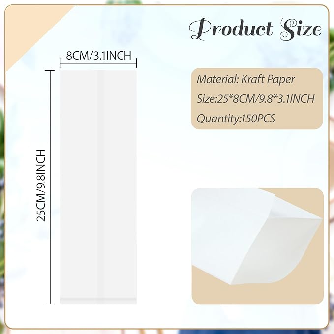 150 Pcs Silverware Churro Bags White Kraft Paper Silverware Sleeves for Kitchen Utensil Treats Bakery Cookies, 3.1 x 9.8 Inch