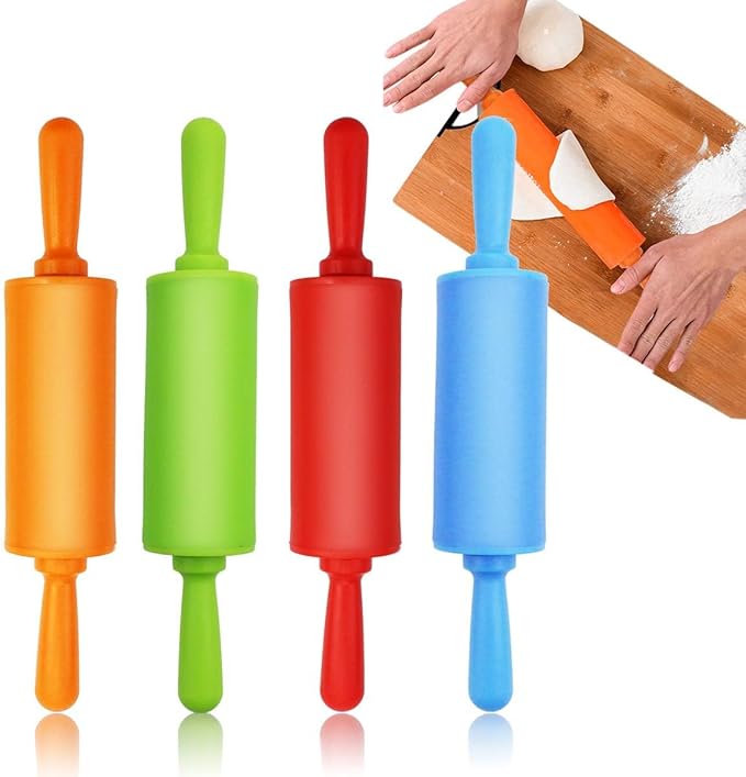 4 Pack Mini Rolling Pin for Kids, 9 Inch Plastic Handle Rolling Pin Non-Stick Silicone Rolling Pins for Children Cake Baking