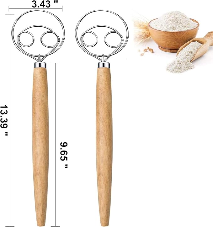 2 Pack Premium Danish Dough Whisk Set, Food-grade Dough Whisks, Danish Dough Whisks. (Wood)