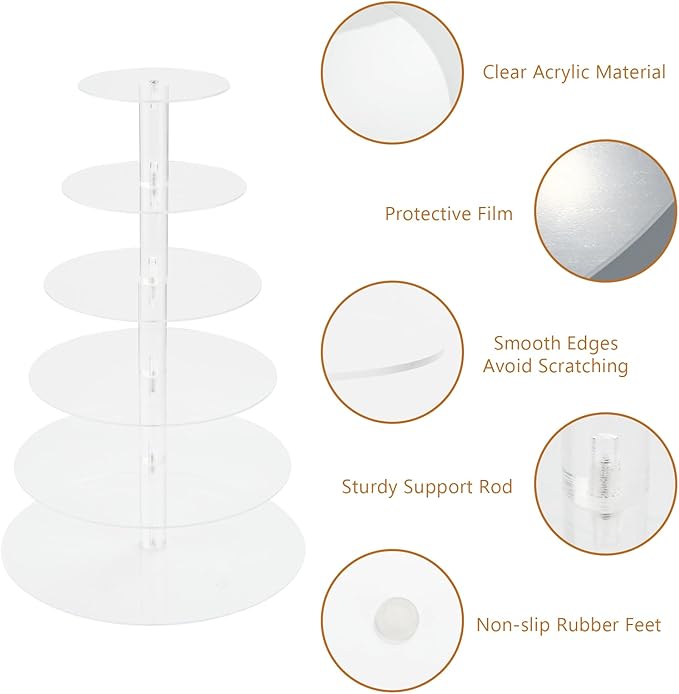 6 Tier Cake Stand, Acrylic Round Cupcake Stand Clear Cupcake Tower Holder Display Stand for Party, Birthday, Wedding, Dessert, Baby Shower Decor