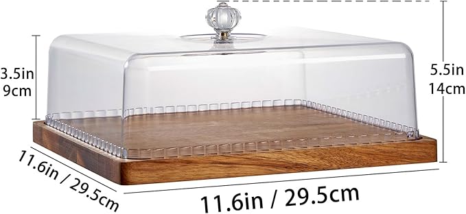 Cake Stand with Lid, 11.6″ Square Small-Sized Cake Holder, Acacia Solid Wood Dessert Table Display Set, Charcuterie Board for Cheese ,Fruit Platter, Large Acrylic Cake Dome Cover