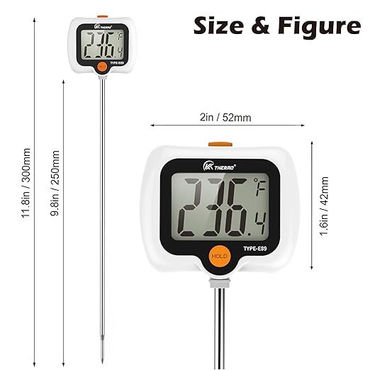 Digital Candy Thermometer with Adjustable Display, 304 Stainless Steel Probe, -58°F~572°F, Includes 2 Pot Clips & Heat-Insulating Pad for Sugar Syrup, Jam, Chocolate, Frying Oil (White)