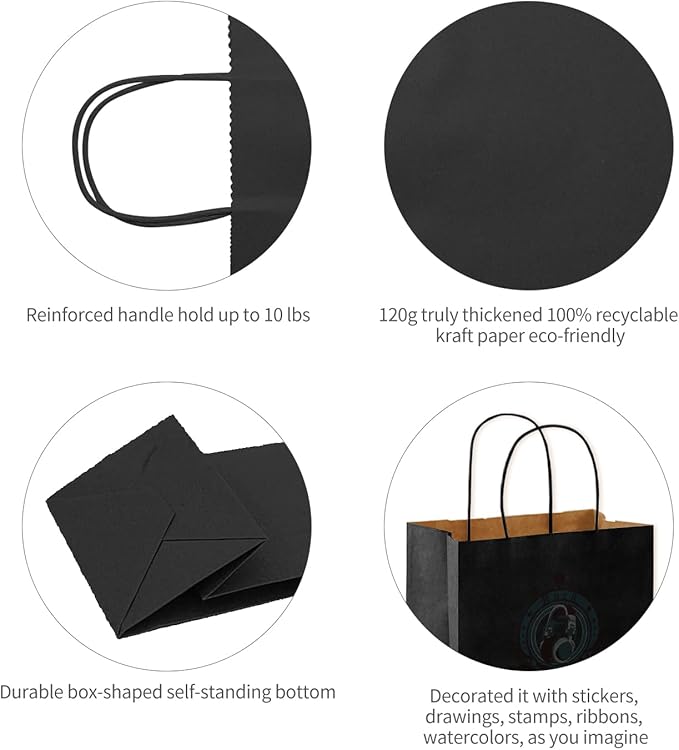 PAICUIKE 100Pack Kraft Paper Bags 13x7x13Inch Black Large, Kraft Shopping Bags, with Handles, for Business Merchandise, Wedding Party Favor Bag, Paper Bag, Bulk