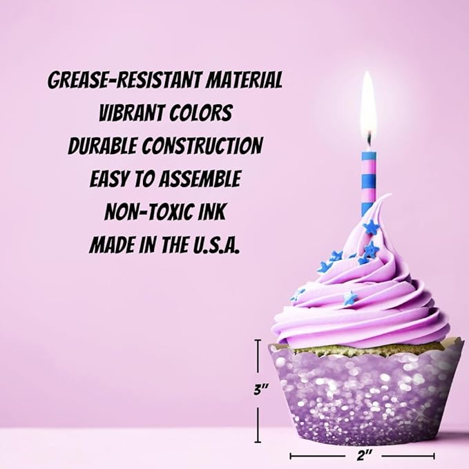 Andaz Press Party Cupcake Wrapper Decorations, Faux Pink And Lavender Purple Glitter, 24-Pack, Magical Unicorn Princess Girls Birthday Theme Colored Bulk Cake Supplies Purple Cupcake Wrappers