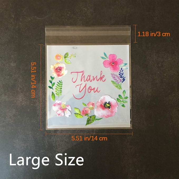 200pcs 5.5x5.5in Thank You Candy Bags Individual Cookie Wrappers Pink Flower Self Adhesive OPP Cookie Bakery Bags Roasting Treat DIY Translucent Plastic pouches