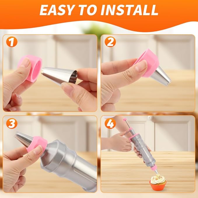 Dessert Decorating Syringes Set, Frosting Piping Kit Stainless Steels Cake Decorating Tool with 6 Piping Tips & 12 silicone cupcakes, Frosting Filling Injector Cake Icing Tools