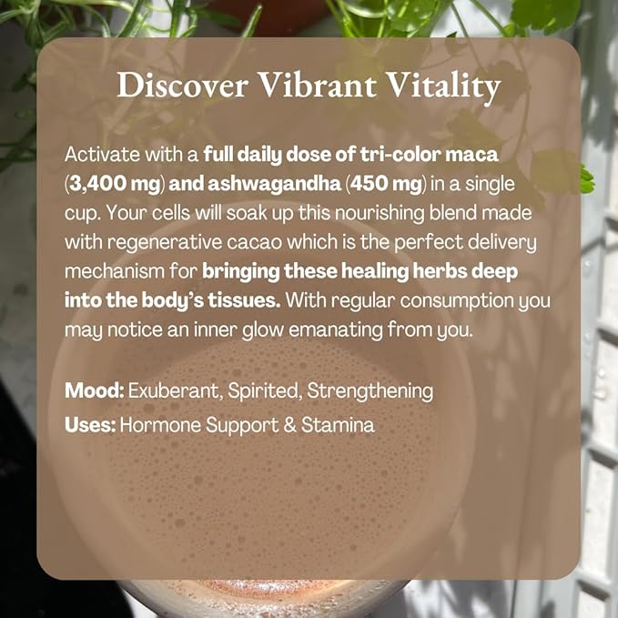 ORA Ceremonial Cacao - Vibrant Vitality - Organic 100% Cacao with Maca, Ashwagandha, Turmeric - Ethical - High Flavanol - Unsweetened - Heavy Metals Tested - 16oz