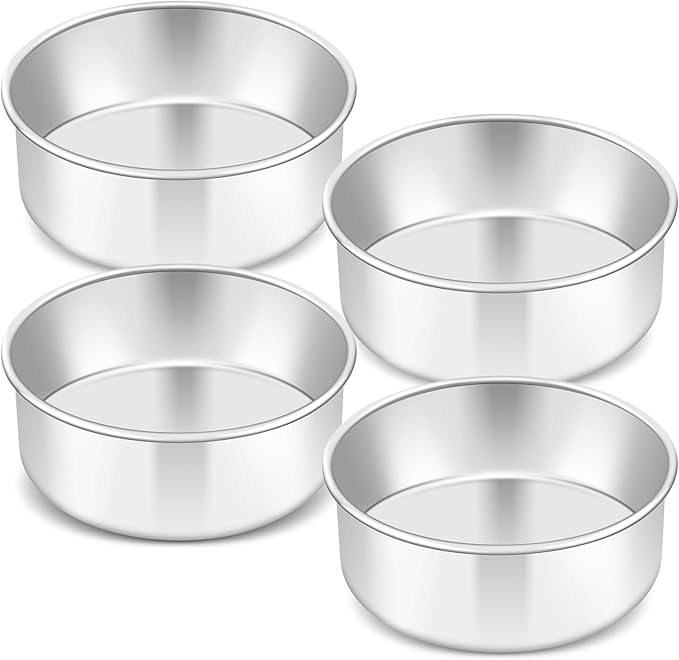 Round Cake Pan Set of 4, 6 inch Stainless Steel Cake,Small Baking Pans For Baking, Serving, Steaming, Mirror Finish & Dishwasher Safe