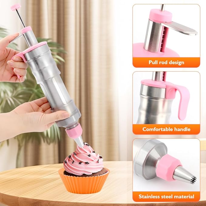 Dessert Decorating Syringes Set, Frosting Piping Kit Stainless Steels Cake Decorating Tool with 6 Piping Tips & 12 silicone cupcakes, Frosting Filling Injector Cake Icing Tools