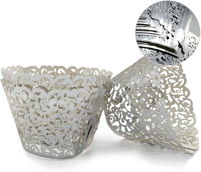 GOLF 100Pcs Cupcake Wrappers Artistic Bake Cake Paper Filigree Little Vine Lace Laser Cut Liner Baking Cup Wraps Muffin CaseTrays for Wedding Party Birthday Decoration (Silver)