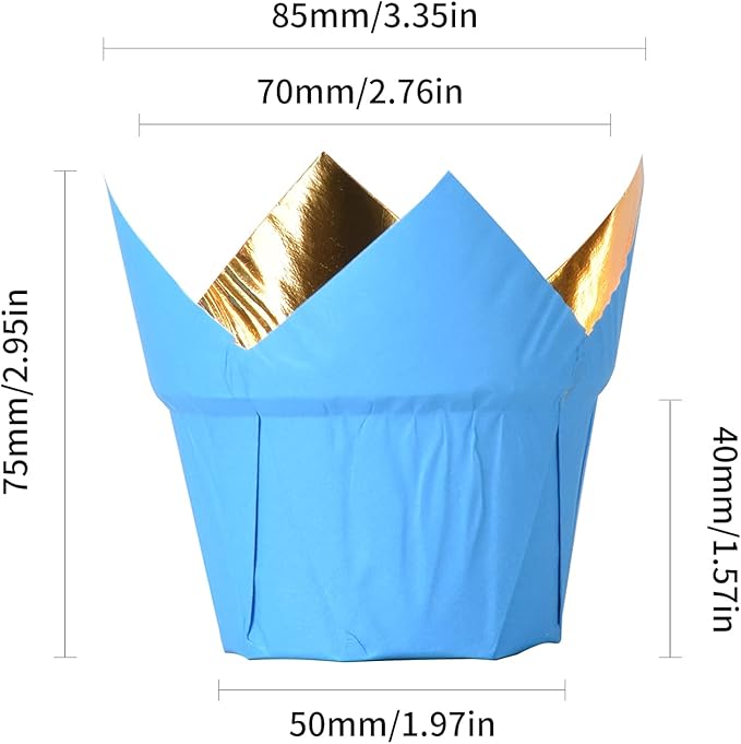 Party Hippo Gold Tulip Cupcake Liners 100 Pcs Baking Paper Cups Holders Greaseproof Muffin Cases Wrappers for Wedding Birthday Party Baby Shower (Blue)