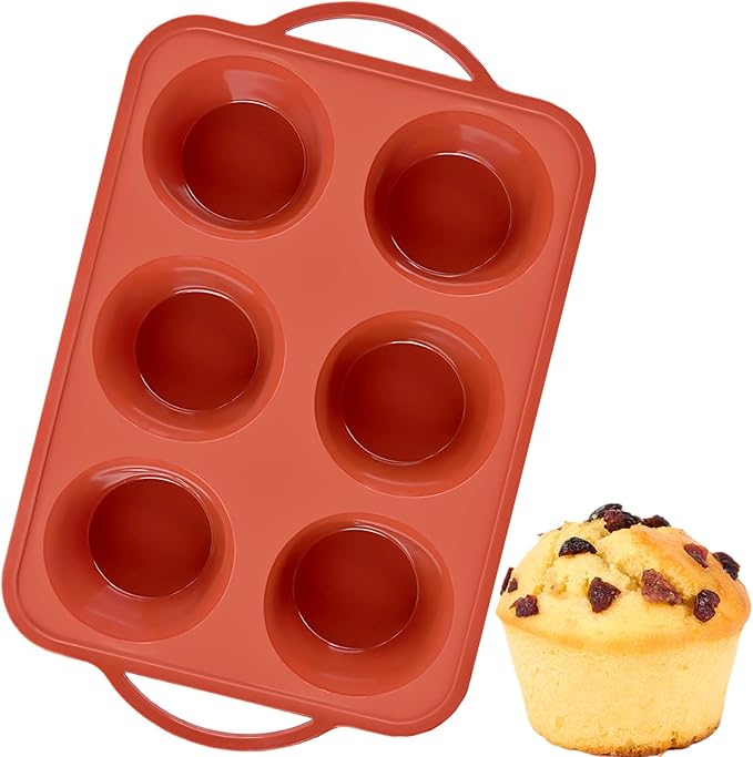 JOERSH Jumbo Muffin Pan with Metal Frame, 6 Cup Large Cupcake Mold with Handles, Non-Stick Silicone Baking Tray for Jumbo Muffin, Cupcake, Egg Bite