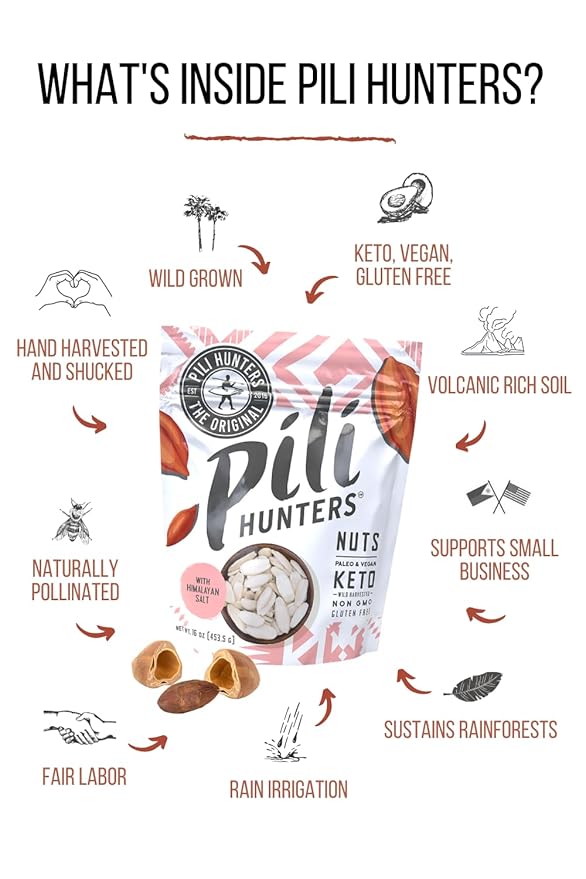 Pili Hunters - Wild Sprouted Pili Nuts, Himalayan Salt (1 lb Bag) Keto/Paleo/Vegan Snacks, Low Carb Energy, Gluten Free, No Sugar Added, Superfood, The Original