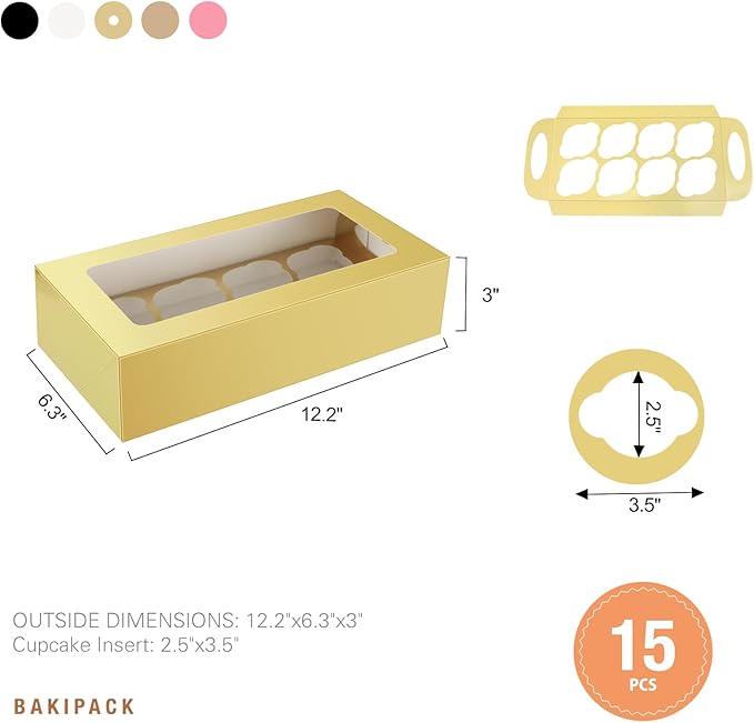 15 Gold Cupcake Boxes 8 Count with Window and Inserts, Cupcake Containers, Mother's Day Cupcake Boxes for Cupcakes, Muffins, Cookies