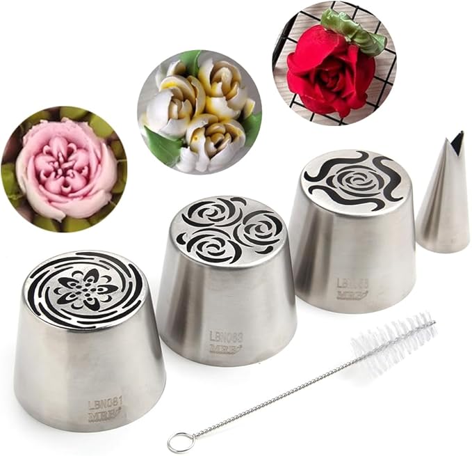 3 Pieces Stainless Steel XXL Russian Icing Nozzle Kit with 1 Leaf Tip & 1 Clean Brush,Cake Decorating Frosting Piping Tip,Pastry Baking Tools