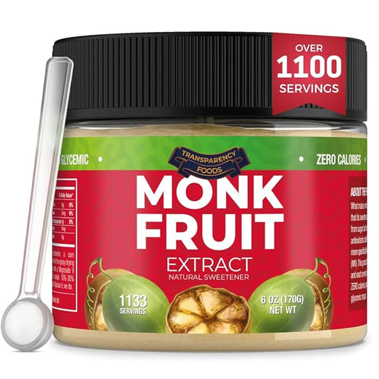 Monk Fruit Sweetener No Erythritol (25X Sweeter Than Sugar) Zero Calories, Zero Glycemic, Non-GMO, No Fillers - Monk Fruit Extract (7% Mogroside V) by Transparency Foods (6oz, 1133 servings)