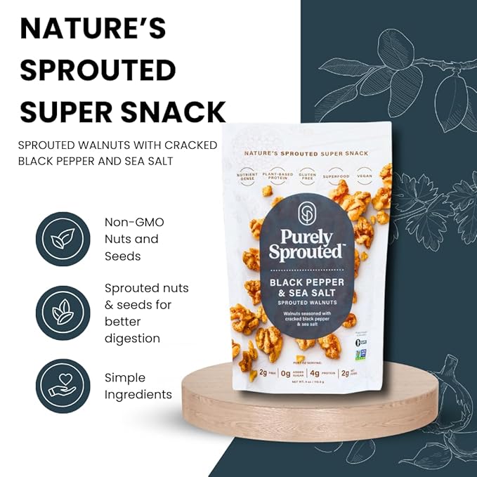 Purely Sprouted Black Pepper & Sea Salt Sprouted Walnuts, Non-GMO Superfood for Healthy, Certified USDA Organic, Gluten-Free Snacking (4 oz, 6 pack)
