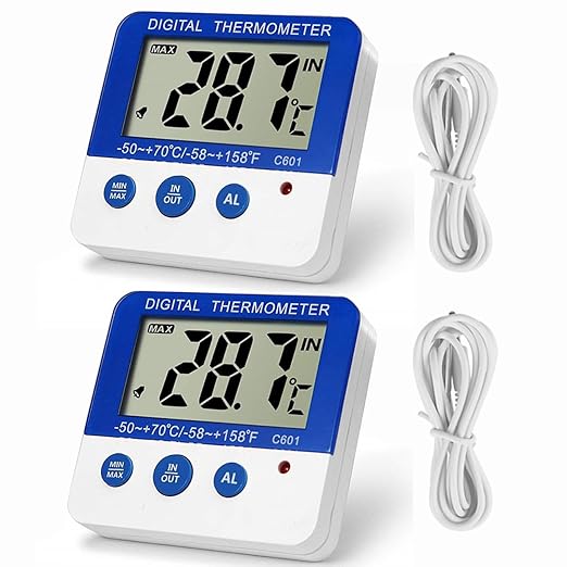 Fridge Freezer Thermometer Max/Min Memory High & Low Temperature Alarms Settings with LED Indicator Digital Refrigeration Thermometer with Magnetic,Stander 2 Pack