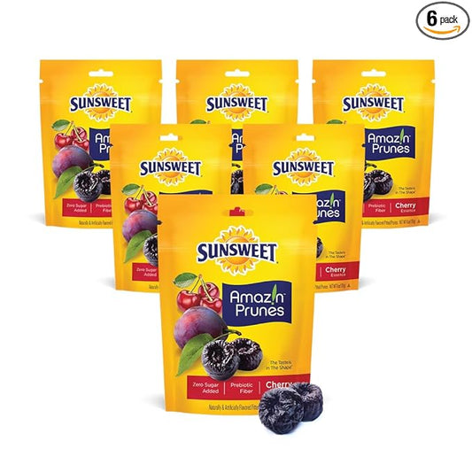 Sunsweet Amazin' Prunes Cherry Essence - Prunes Pitted Unsweetened & Dried - Gluten Free, Vegan, Low Fat - Fiber & Minerals - 6 oz pouch - 6 Pack