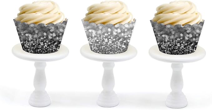 Andaz Press Party Cupcake Wrapper Decorations, Faux Black and Silver Glitter, 24-Pack, Theme Colored Bulk Cake Supplies