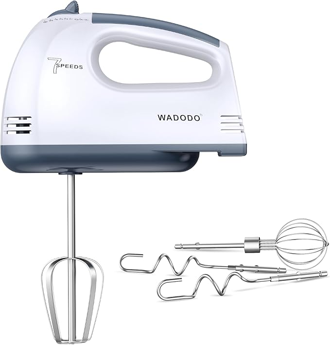 WADODO 200W Electric Hand Mixer – 7-Speed Kitchen Mixer Small Food Mixer with 304 Stainless Steel Beaters, Dough Hooks & Whisk for Baking Cakes, Cookies & Cream