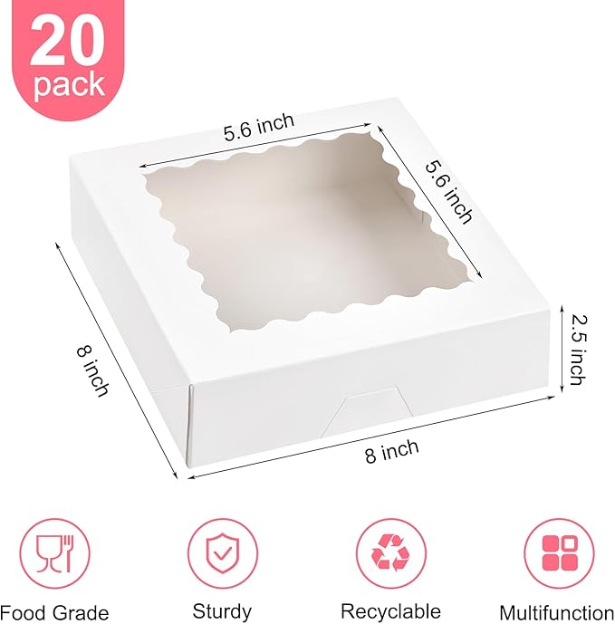 Kucoele 20 PCS Pie Boxes, 8 x 8 x 2.5 Inches Bakery Boxes with Window, Auto-Popup Cookie Boxes White Treat Boxes for Chocolate Strawberries, Pastries, Muffins, Donuts