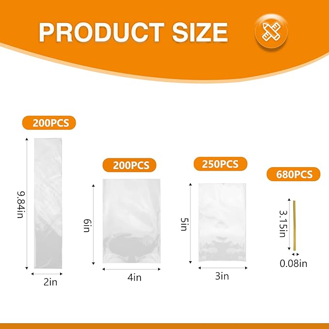 NEOACT 650 PCS Clear Flat Cellophane Treat Bags with 3x5,4x6,9.84 * 2", Treat Bags with Ties are Good for Pretzel Rods,Bakery, Cookies, Candies,Dessert.