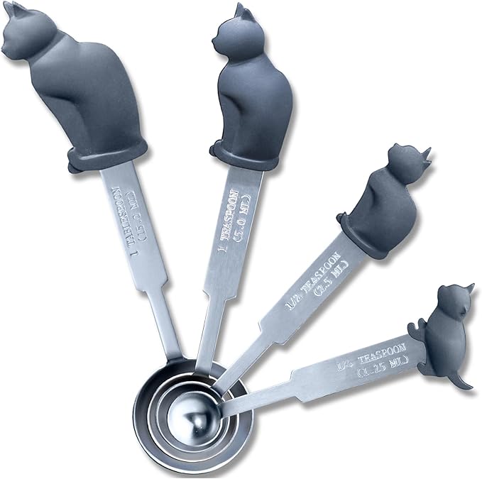 Cat Measuring Spoons Set, 4-Piece Stainless Steel Measuring Spoons with Cute Cat Handles, Accurate Teaspoon & Tablespoon Sizes for Dry or Liquid Ingredients, Dishwasher Safe