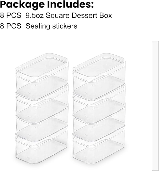 Plastic Rectangle Dessert Cups Boxes with Lids and Sporks,packaging for baked,Cookie Tiramisu Containers for Fruit,Pudding,Mousse,Parfait Cups With Lids(8, Rect 4.6 * 2.4 * 2 IN-Boxes)