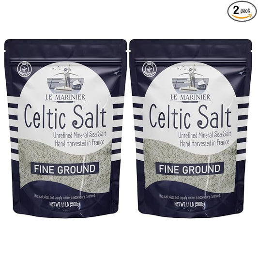 Le Marinier Celtic Salt Organic Fine Ground, 1.1lb - 18oz, Pack of 2. Mineral Rich Unrefined 100% Natural, Hand Harvested Mineral French Sea Salt (1.1lb Fine Ground - Pack of 2)