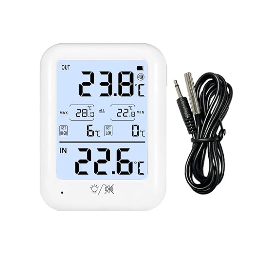 Digital Fridge Thermometer with Probe, High/Low Temp Alarm & 24H Max/Min Memory, Indoor/Outdoor LED Display with Backlight, External Sensor for Refrigerator Freezer and Food Storage