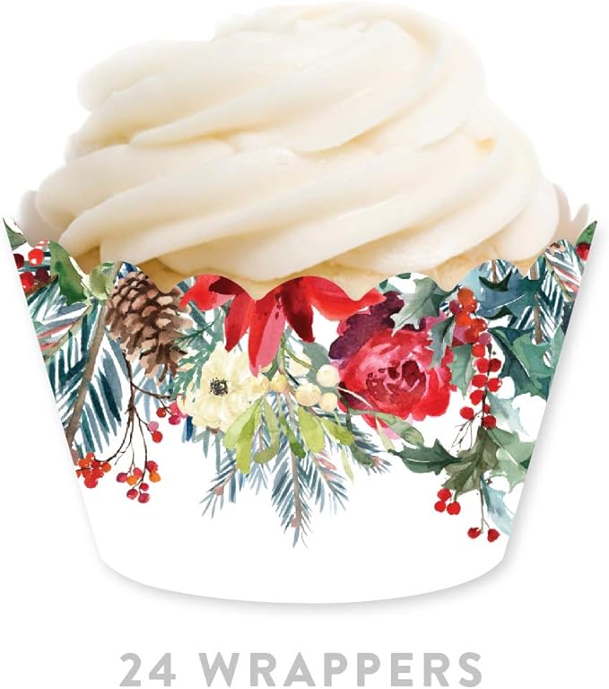 Andaz Press Party Cupcake Wrapper Decorations, Christmas Holiday Flowers and Leaves, 24-Pack, For Girls 1st Birthday Baby Bridal Shower Tea Party Themed Decorations