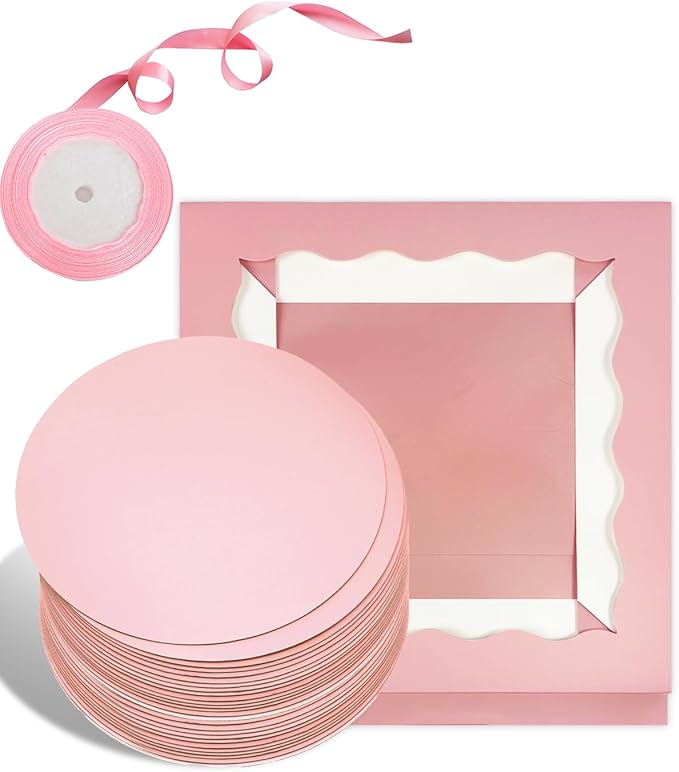 Bakepacker 12x12x8 Cake Box, 18 Sets Pink Cake Box with Window ＆ 18 Sets 12" Cake Round Boards, 12inch Cake Containers, 10 Meters Silk Ribbon