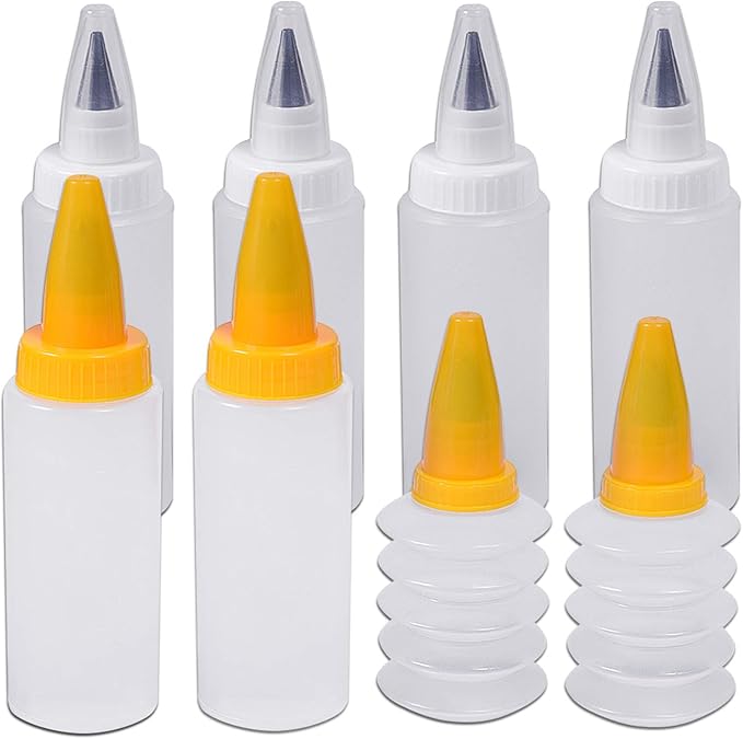Icing Bottles with Stainless Steel Piping Tips (8 pcs) - 2 Foldable, 4 Beak, 2 Bicolor Bottles, Plastic & Stainless Steel, White & Yellow, Cake Decorating