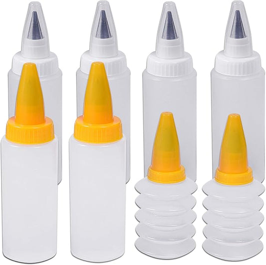 Icing Bottles with Stainless Steel Piping Tips (8 pcs) - 2 Foldable, 4 Beak, 2 Bicolor Bottles, Plastic & Stainless Steel, White & Yellow, Cake Decorating